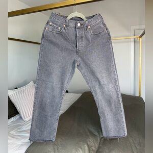 Levis 501 Premium Jeans Gray 28x26 Distressed Raw Hem Denim High Waist Button Up